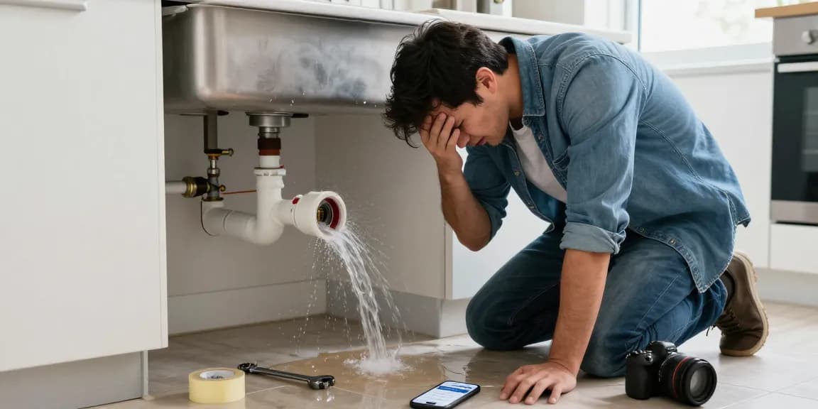 Emergency plumber in Northampton aiding a homeowner fixing a burst pipe in a flooded kitchen.