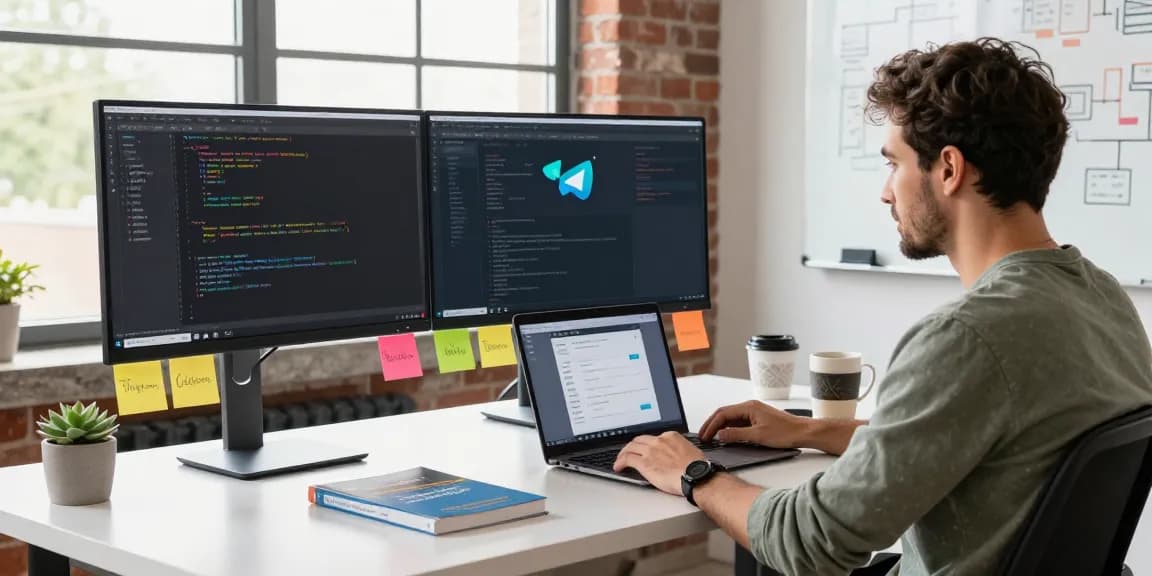 Focused developer at workspace with coding on monitors and Telegram interface on display at telegramin-cn.com