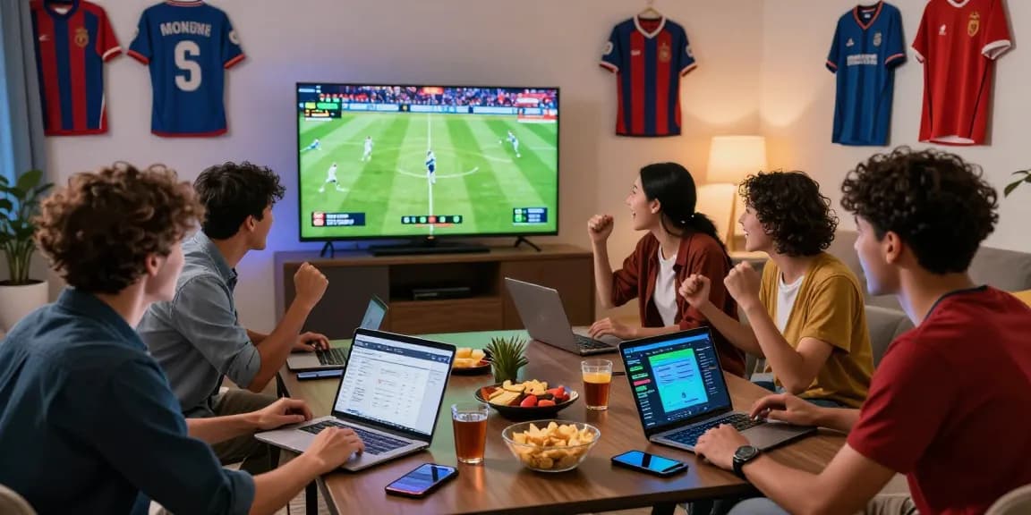 Exciting sports betting gathering for Prediksi Bola Malam Ini with friends intensely watching a live football match.