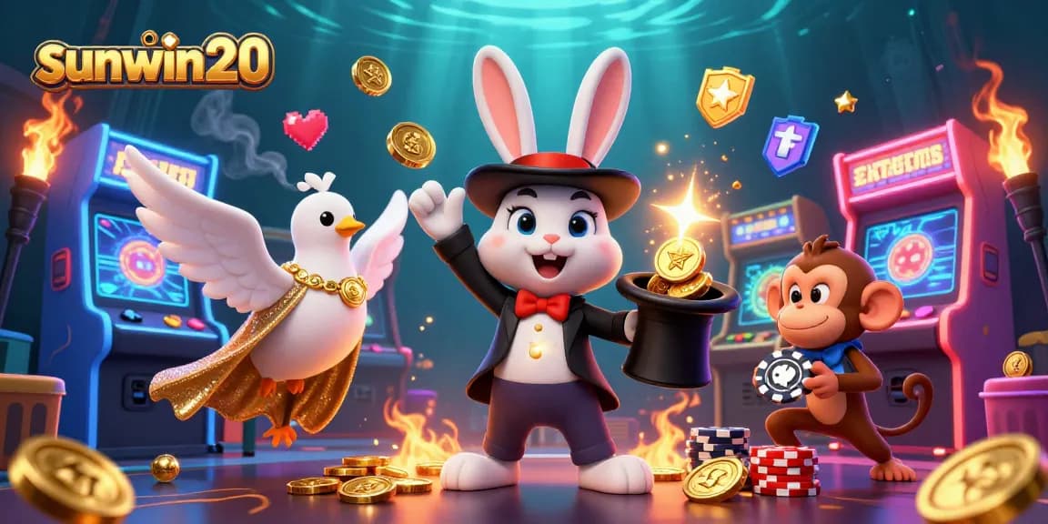 Engage with sunwin20's thrilling atmosphere, featuring a magician rabbit, a dove, and a monkey in vibrant casino action.