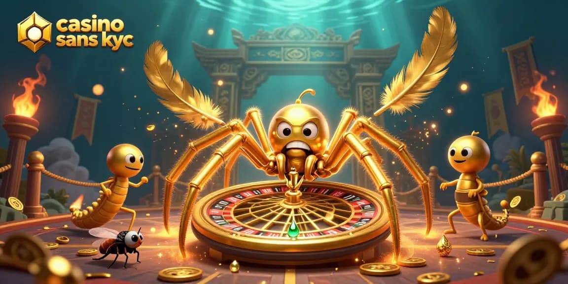 Jouer à un casino sans KYC sur une toile d'araignée dorée où une mouche place nerveusement ses paris.