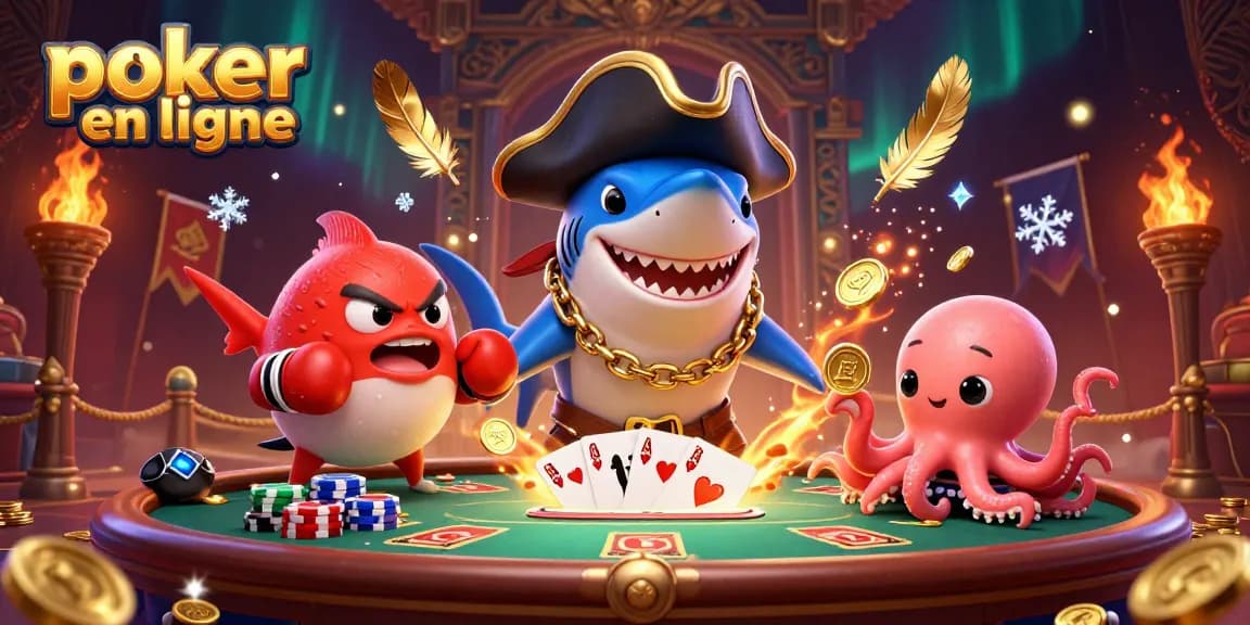 Jouer au poker en ligne avec des personnages animés comme un requin pirate et une pieuvre, dans un décor festif et dynamique.