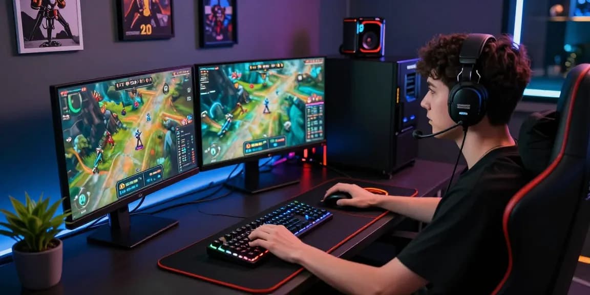 Competitive gamer using PROOFCORE cheats at a gaming setup with multiple monitors and vibrant graphics.