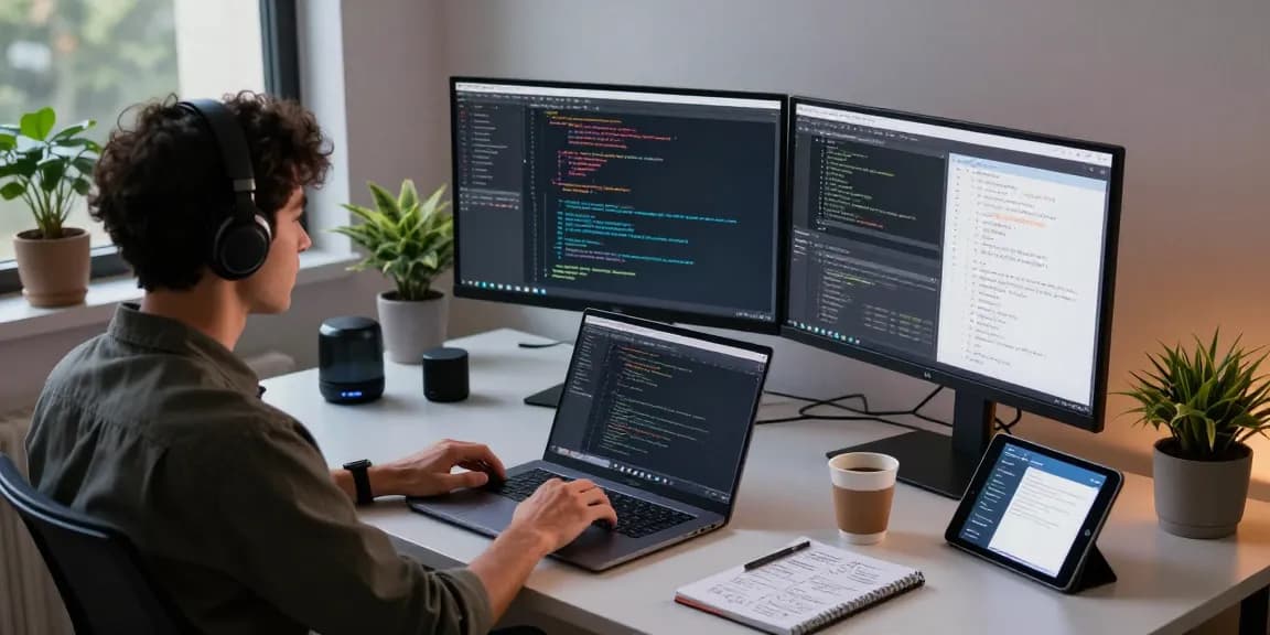 Developer using 纸飞机中文版 software in a modern workspace with multiple monitors and tech gadgets.
