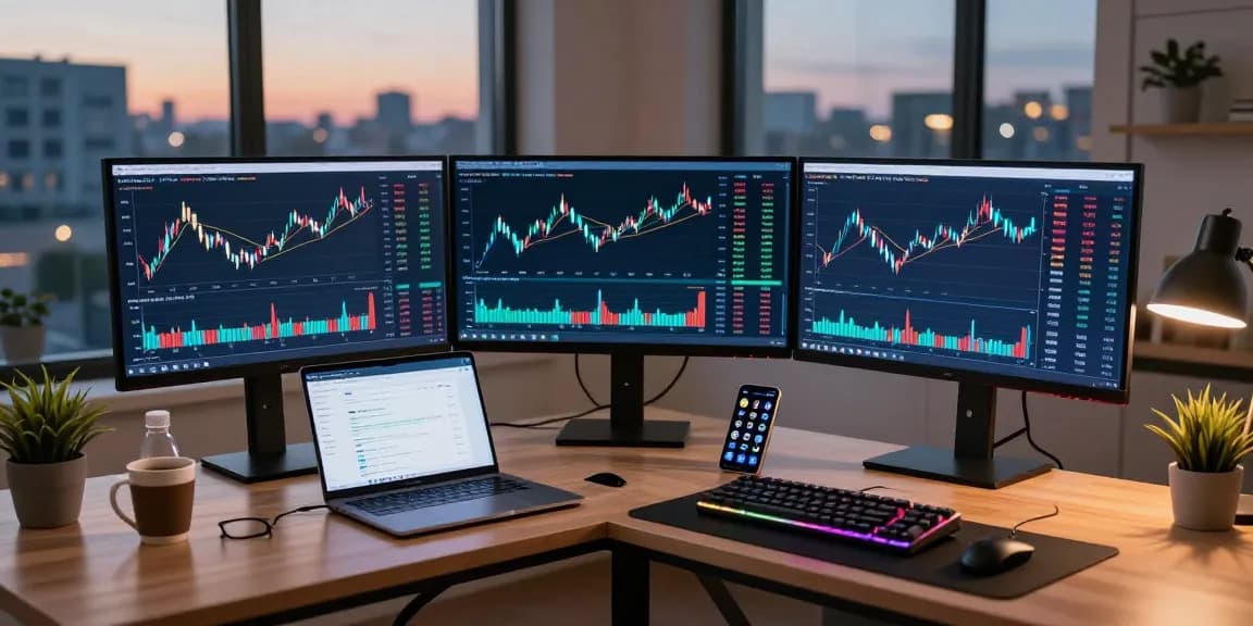 Current HCNWF stock price displayed in a high-tech trading workspace with cryptocurrency charts and digital wallets.