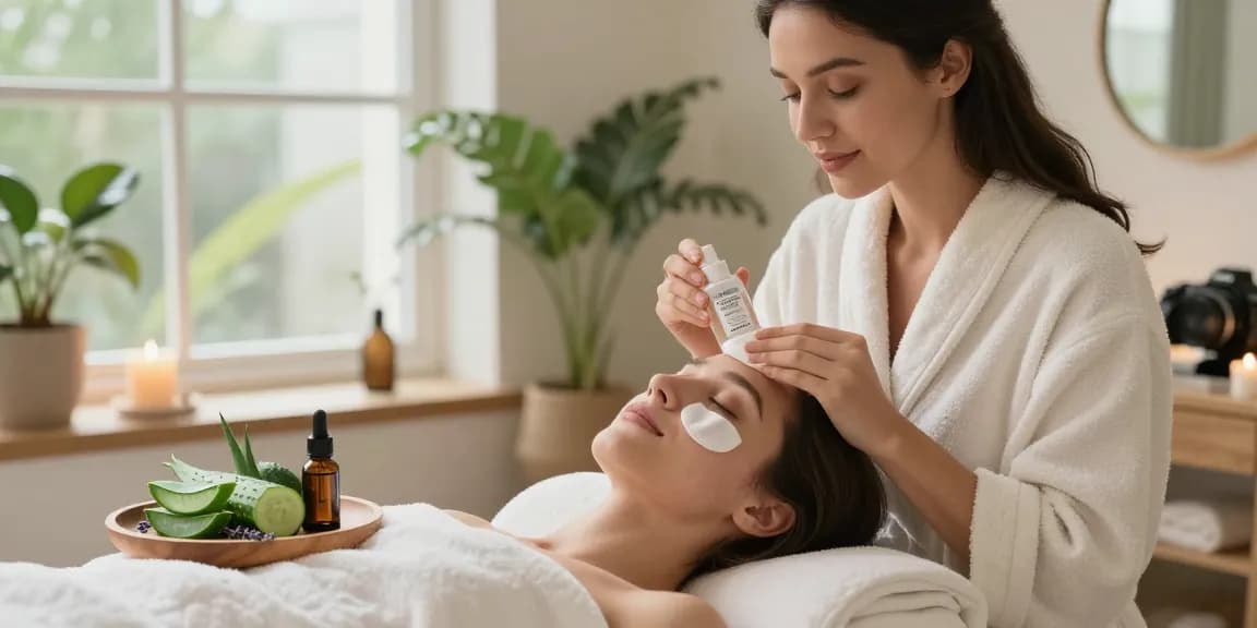 Applying Balance and Refresh Toner in a serene spa setting with natural light.