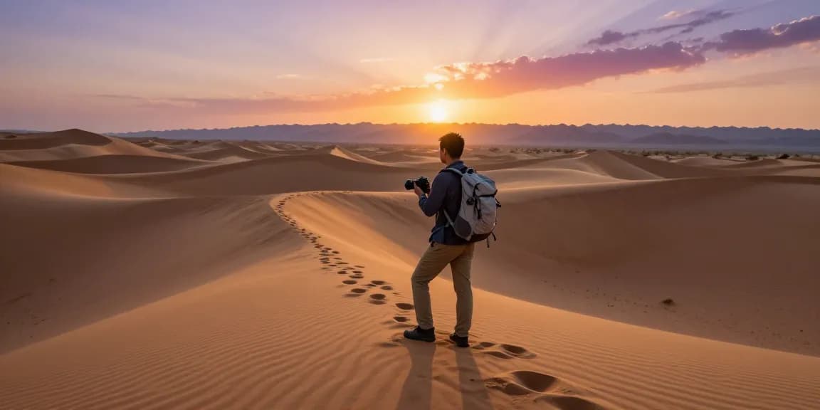 A traveler exploring a desert landscape at sunset, highlighting the beauty of a slot in nature.
