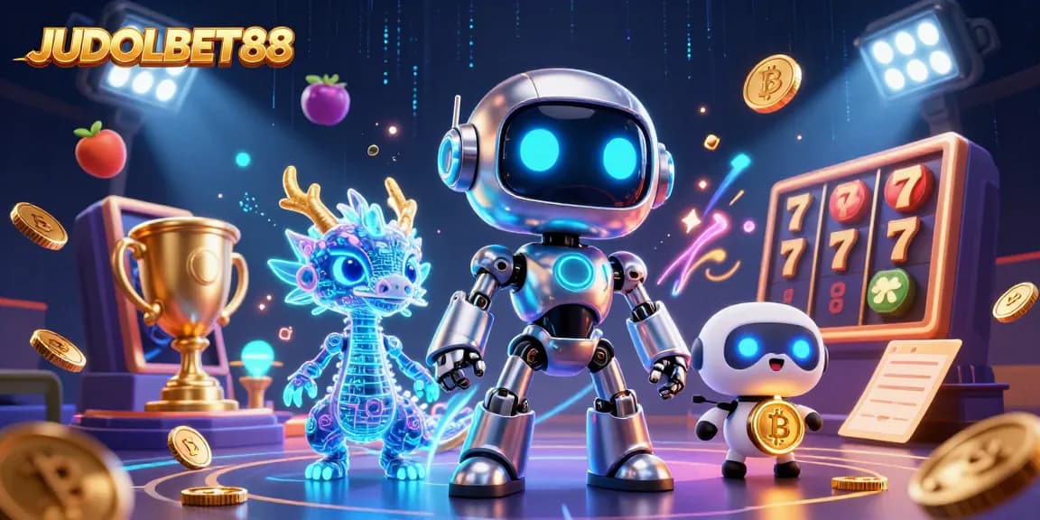 Experience thrilling gameplay at JUDOLBET88, featuring dynamic slot reels and vibrant casino elements in an engaging 3D illustration.