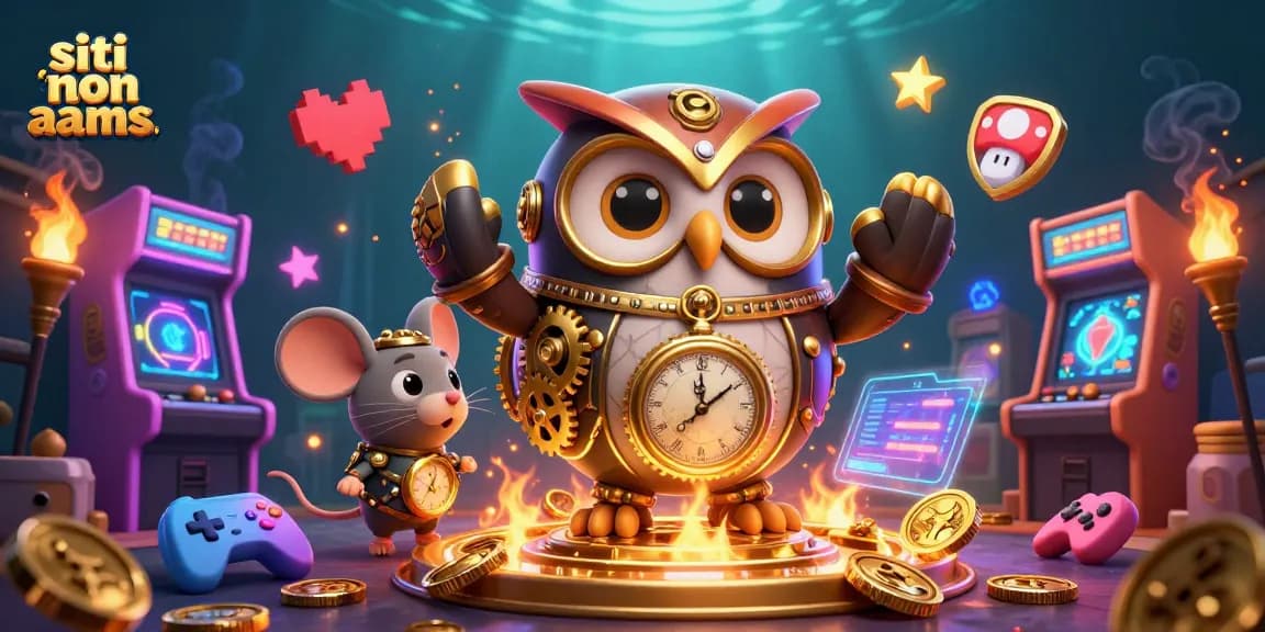 Scopri i siti non AAMS degni di fiducia, con un gufo viaggiatore e un topo meccanico in un vivace casinò futuristico.