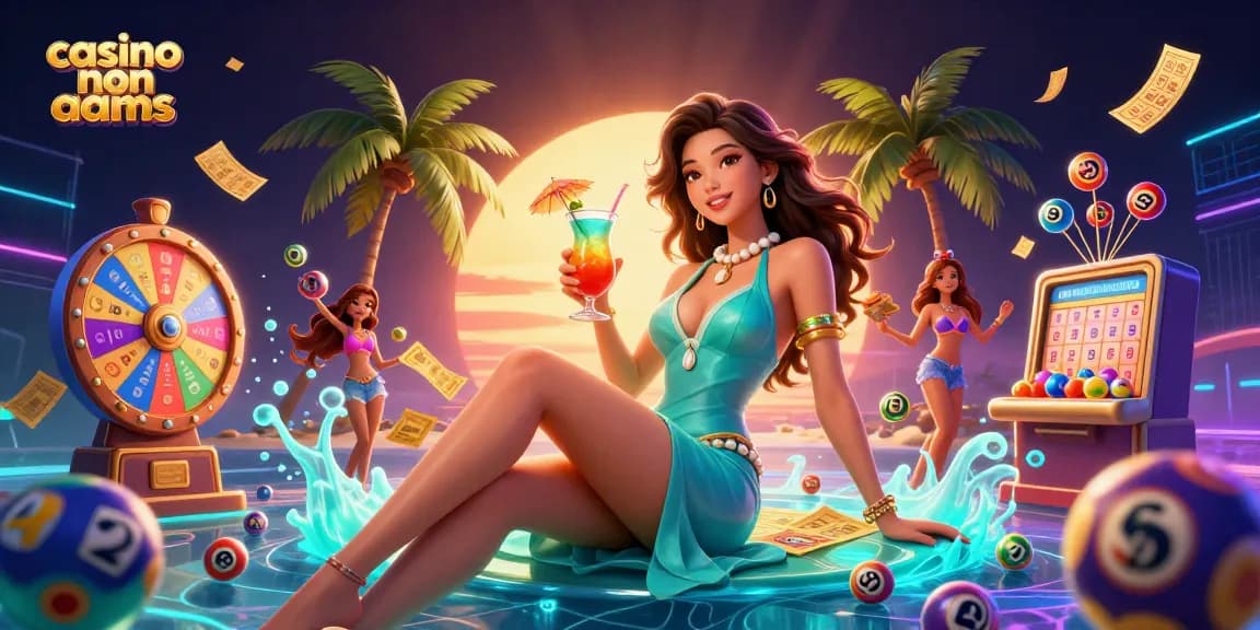 Interagisci con i casino non AAMS mentre ti godi elementi vivaci a tema casinò in un paradiso tropicale.