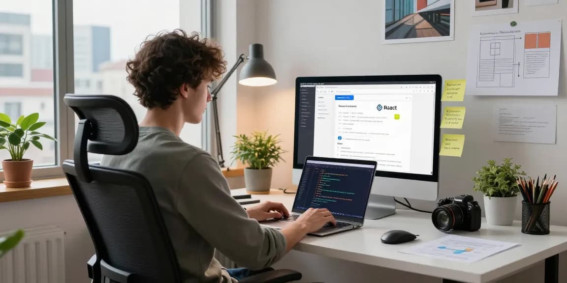 Pengembang menggunakan useCallback dalam desain aplikasi web di ruang kerja yang modern dan terang.