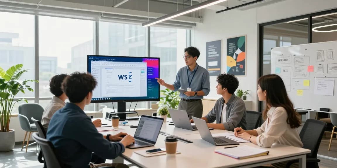 Collaborative office scene highlighting WPS下载 integration with professionals working together in a modern workspace.