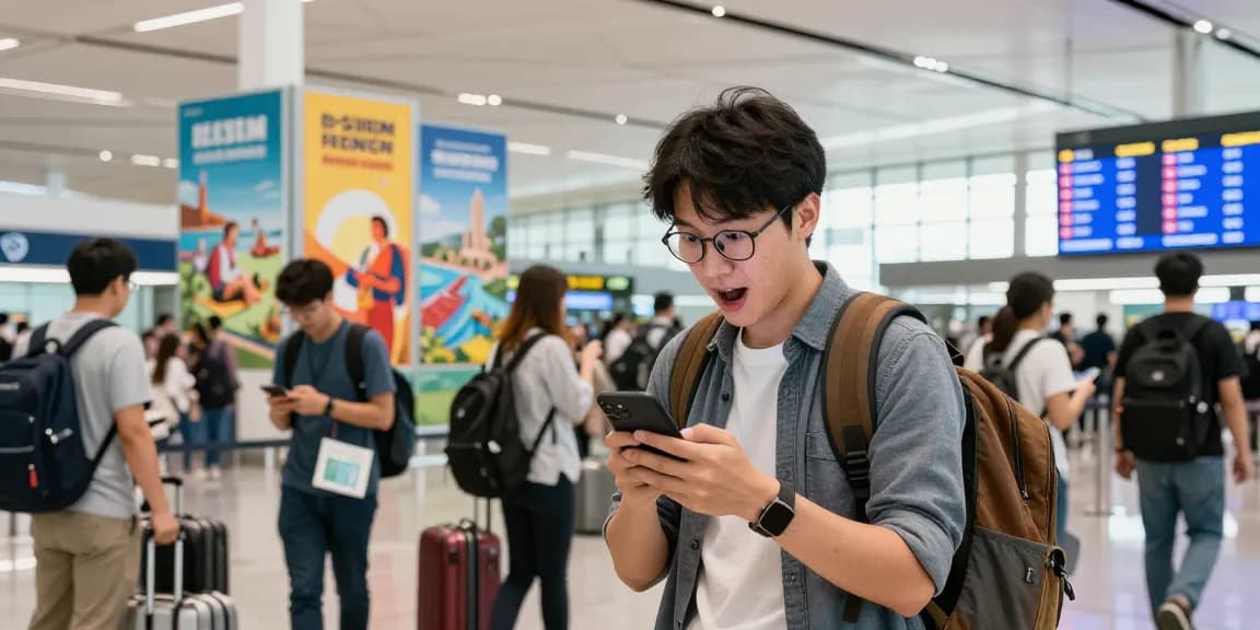 Traveler excitedly checking eSIM优惠券 (eSIM yōuhuìquàn) offers at a busy airport, surrounded by vibrant travel elements.