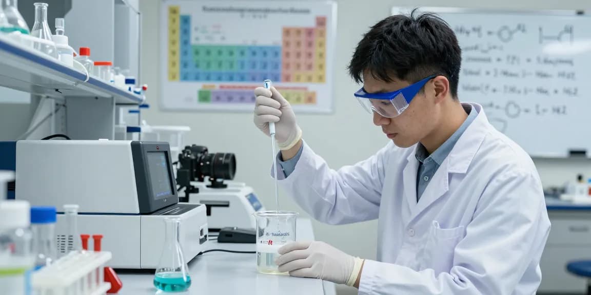 Scientist measuring 14-butanediol for sale in a laboratory setting with precise equipment.