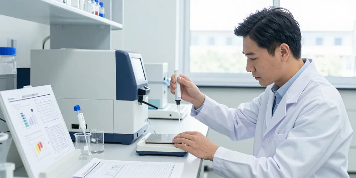 Scientist measuring indole-3-carbinol powder in a sterile laboratory setting