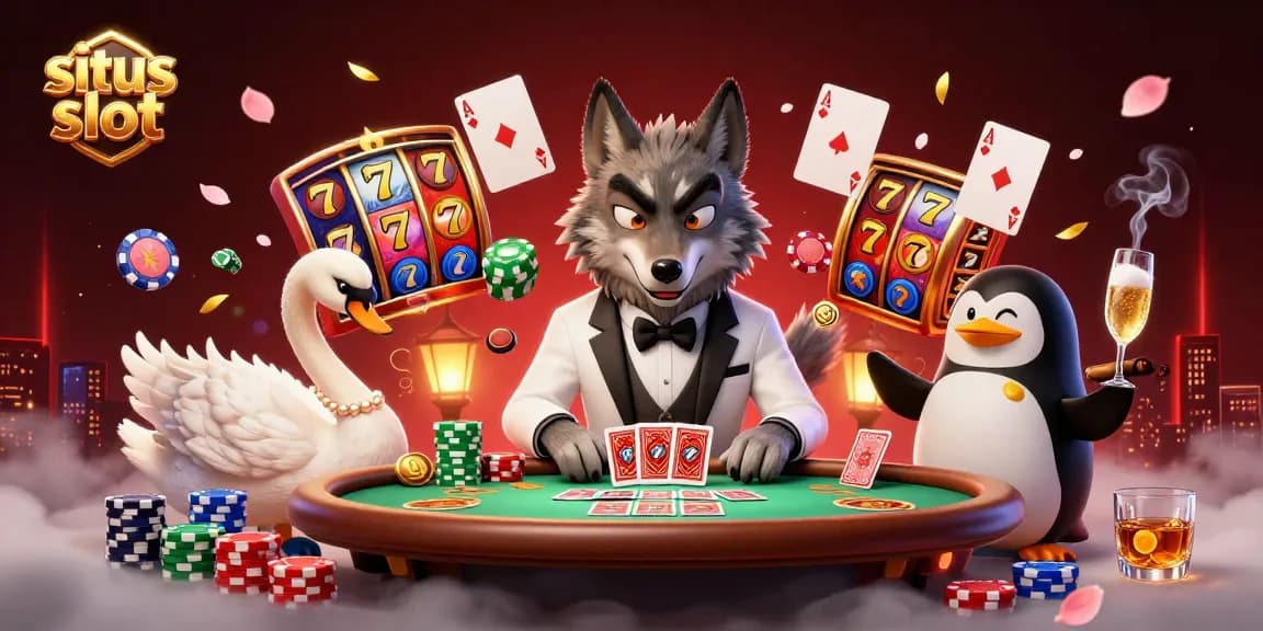 Experience excitement at situs slot with a vibrant 3D casino scene featuring animated characters and slot elements.