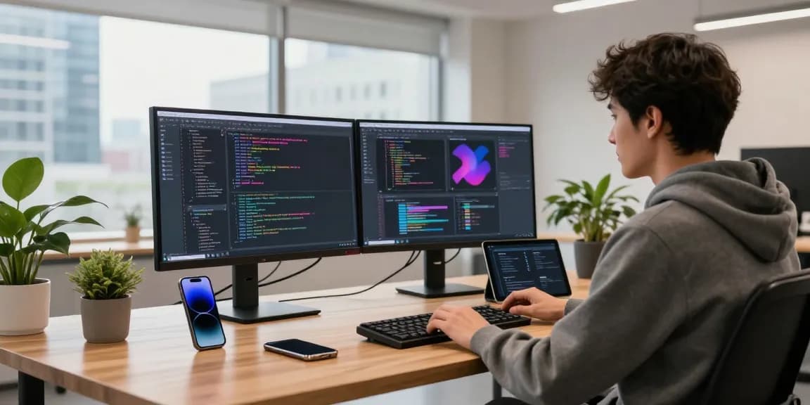 Engaging workspace featuring a person coding with 纸飞机中文版 on dual monitors, capturing innovation in software development.