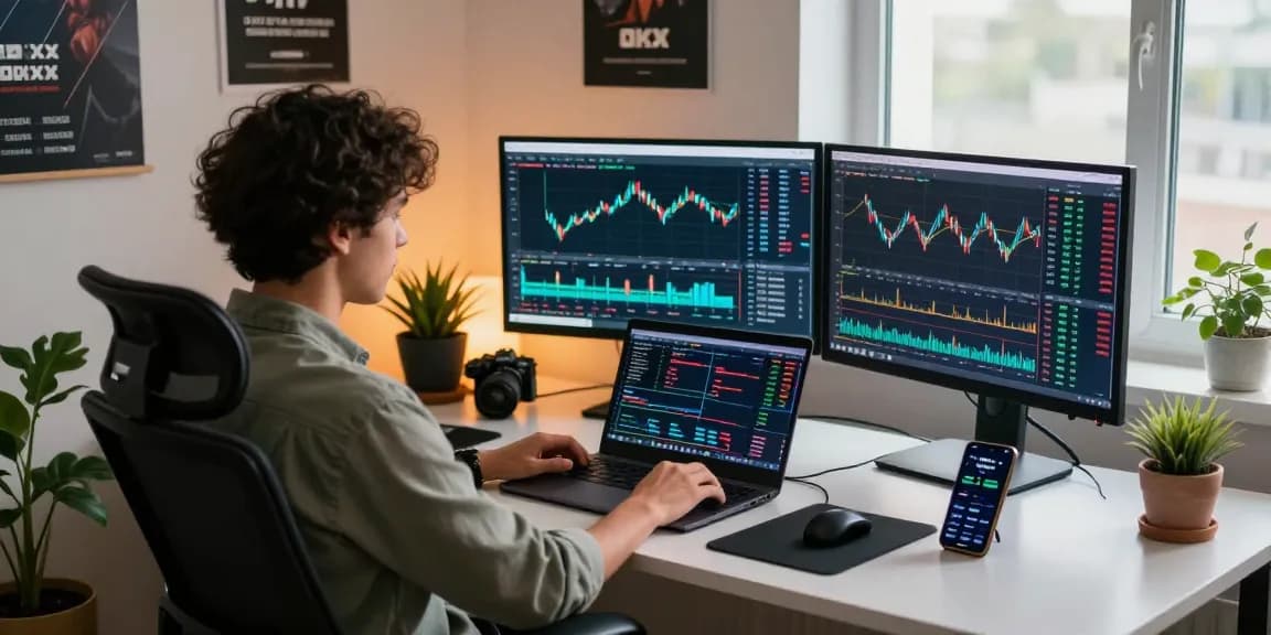 OKX reviews showcased in a modern trading workspace highlighting performance charts and figures.