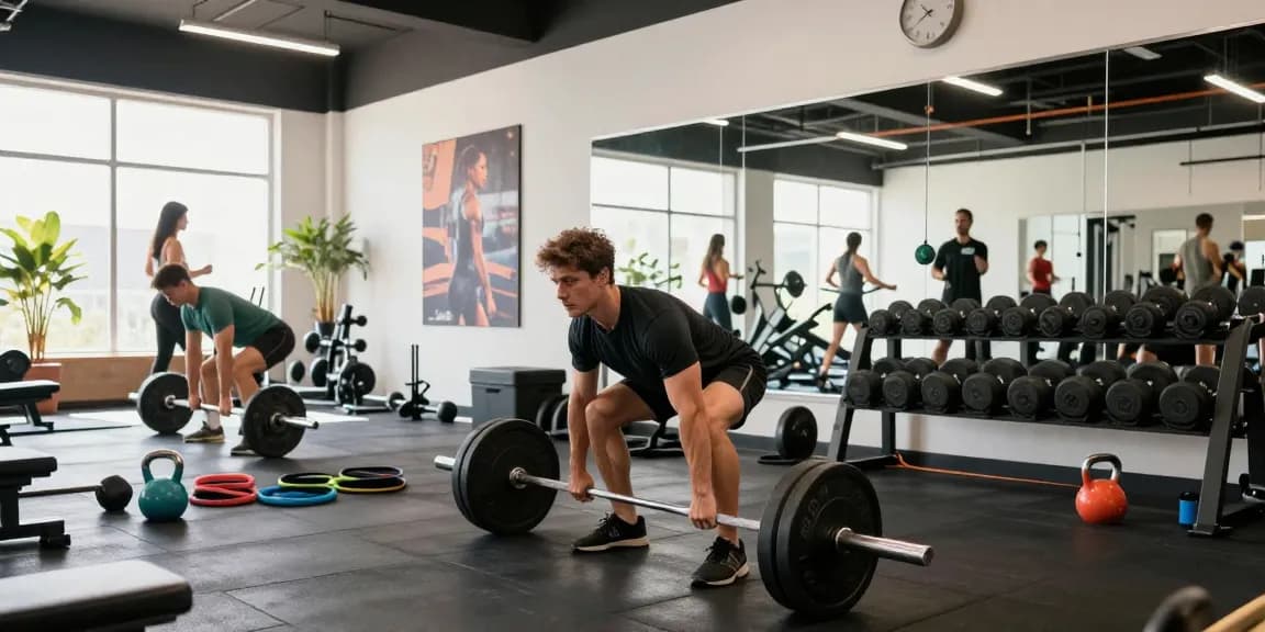 Energetic moment at Deus Medical Shop featuring a lifter deadlifting in a bright gym, showcasing dedication and quality.