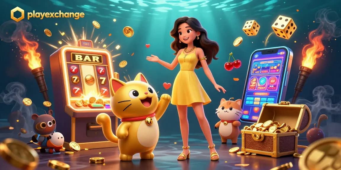 Engage with playexchange in a 3D interactive gaming scene featuring vibrant characters and dynamic casino elements.