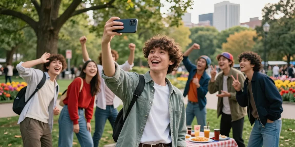 Young friends enjoying a sunny day in the park, taking fun selfies to discover who they look like celebrities.