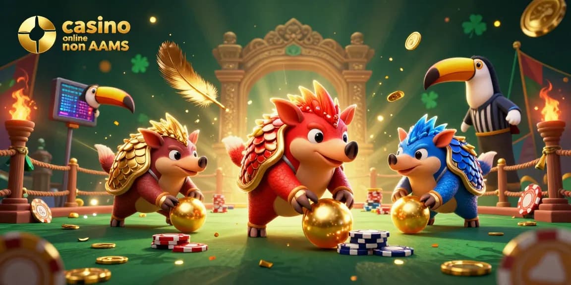 Giocare nei migliori casino online non AAMS con vivaci pangolini e un giudice tucano, tra chips e effetti dorati.