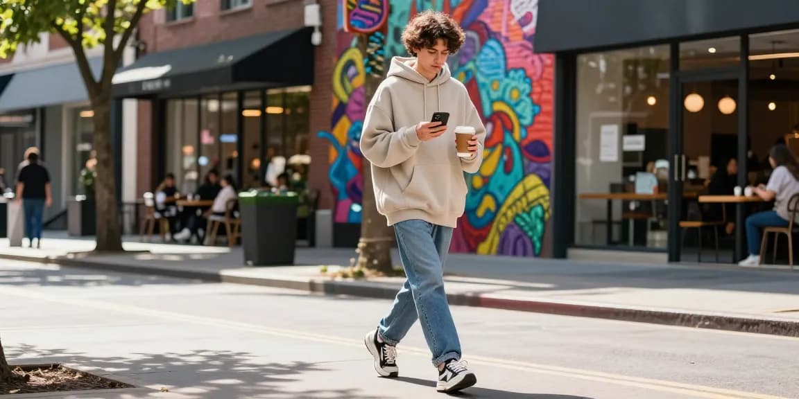 Young adult in essential hoodies enjoying urban city life with coffee in hand
