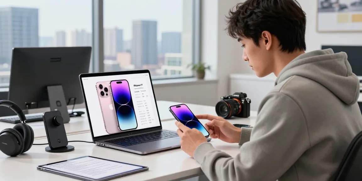 Young professional examining the features of the iPhone 17 in a modern tech workspace.