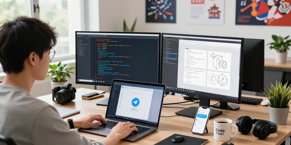 Developer coding Telegram iOS app in a modern workspace for China