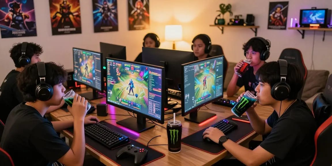 Filipino gamers engaged in a lively discussion about discounted top up strategies for Mobile Legends, surrounded by gaming gear and colorful monitors.