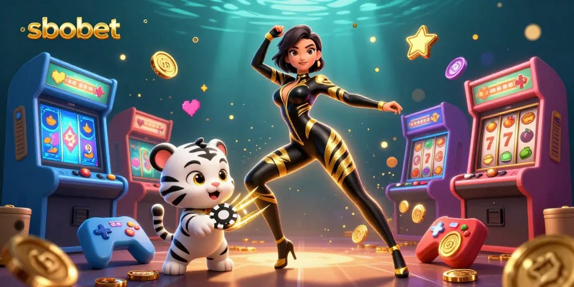 Play exciting games with sbobet, featuring a detailed scene of a woman in a catsuit and a playful baby tiger.