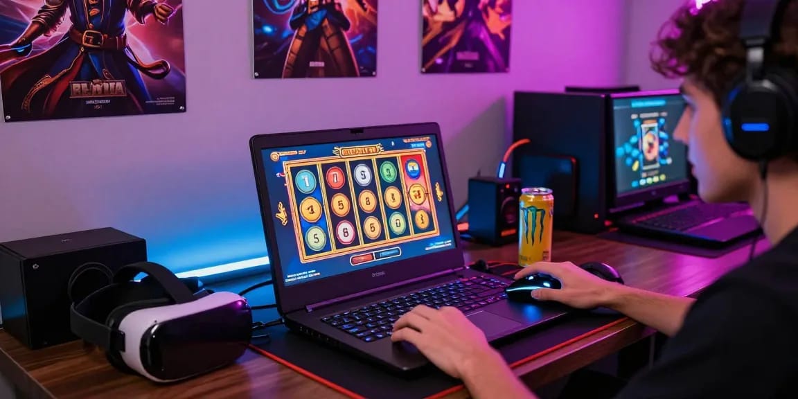 Player enjoying online slot gaming on สล็อตทรูวอลเล็ต with vibrant visuals and gaming accessories.