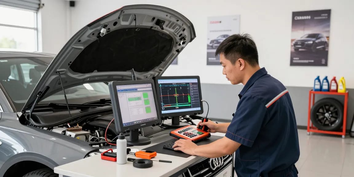 Audi key programming in a high-tech automotive workshop with a technician analyzing diagnostics.