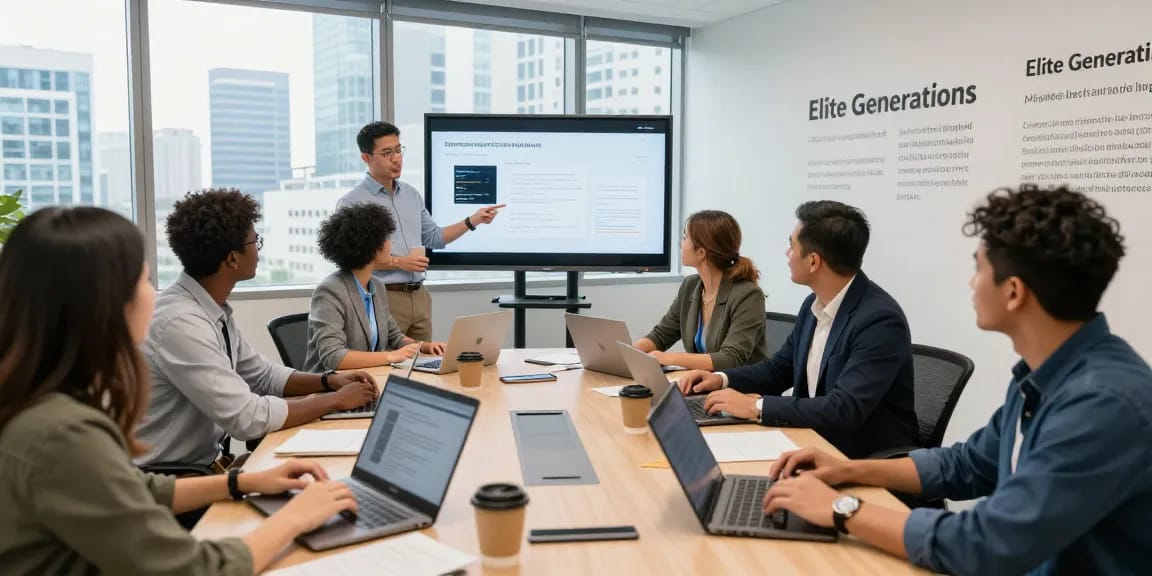 Employee training session at Elite Generations with diverse team collaborating in a modern office