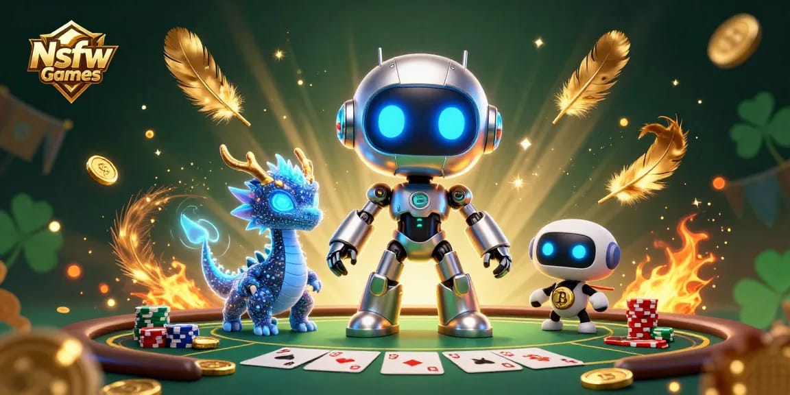 Nsfw Games showcases a lively scene with a cyberpunk robot, AI dragon, and betting elements in an immersive casino setting.