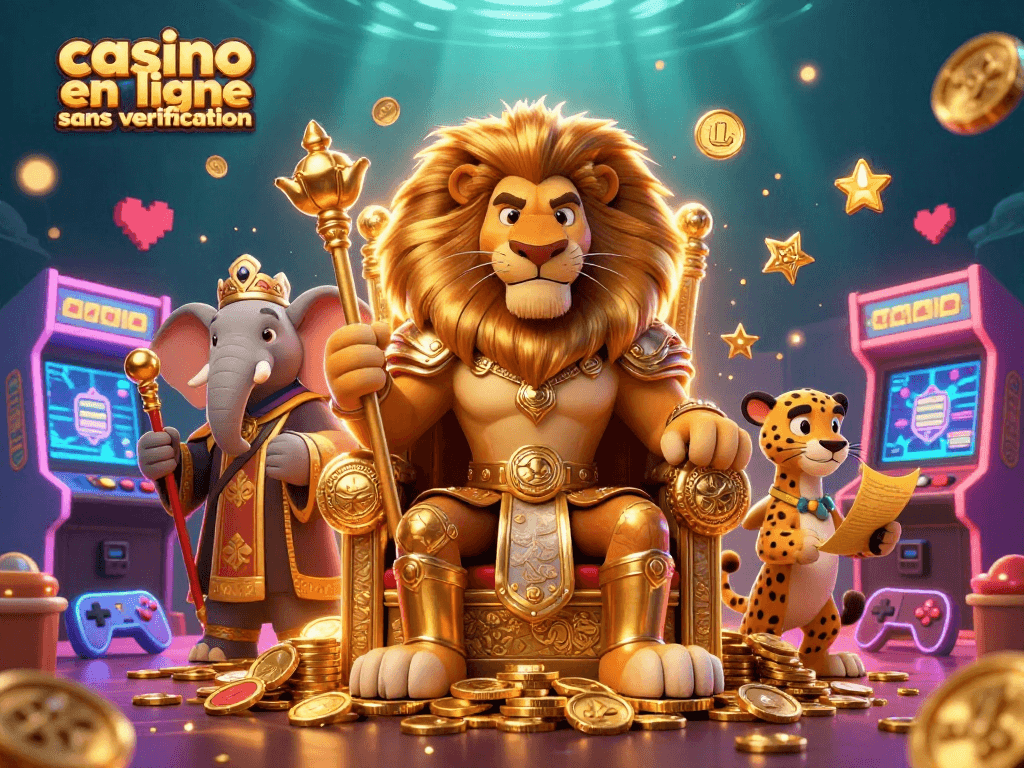 Il s'agit d'une illustration 3D d'un lion roi sur un trône, entouré d'éléments de casino en ligne sans vérification.