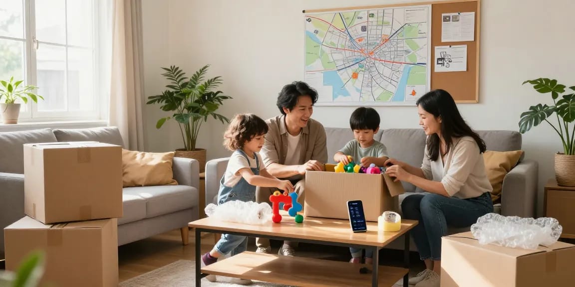 Family packing boxes for their move, showcasing Packers And Movers in Near me preparations in a cozy living room.