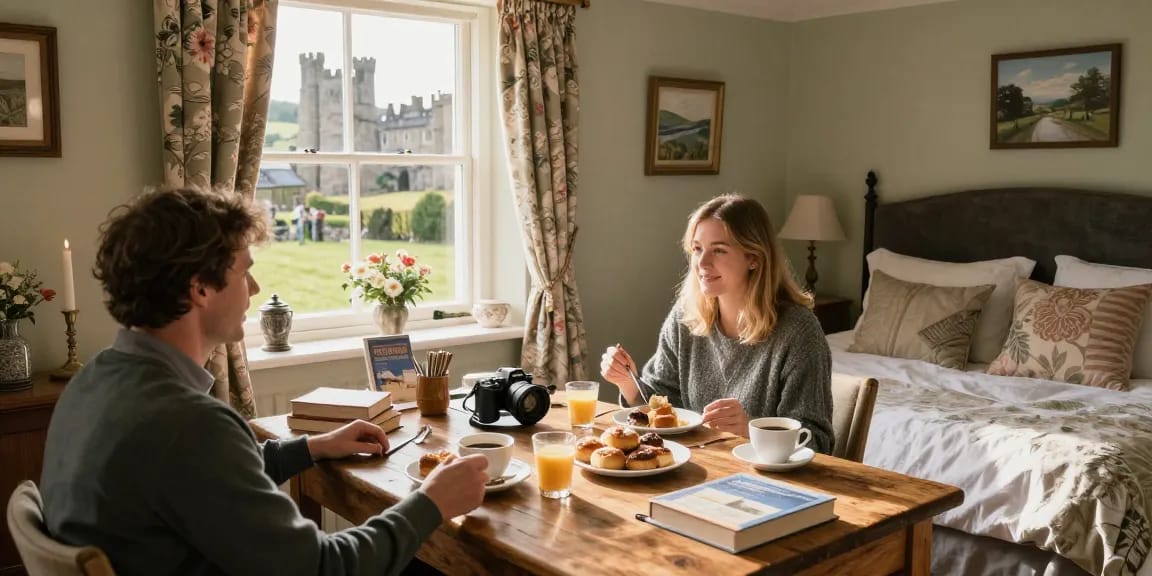 Inviting guesthouse Skipton room with breakfast setup and scenic views