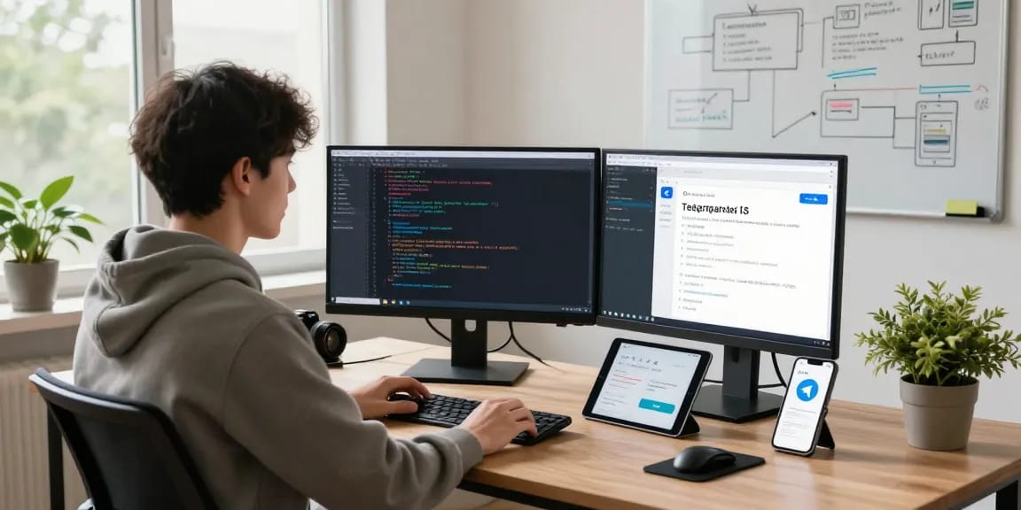 Developer reviewing Telegram iOS China app features in a vibrant workspace.