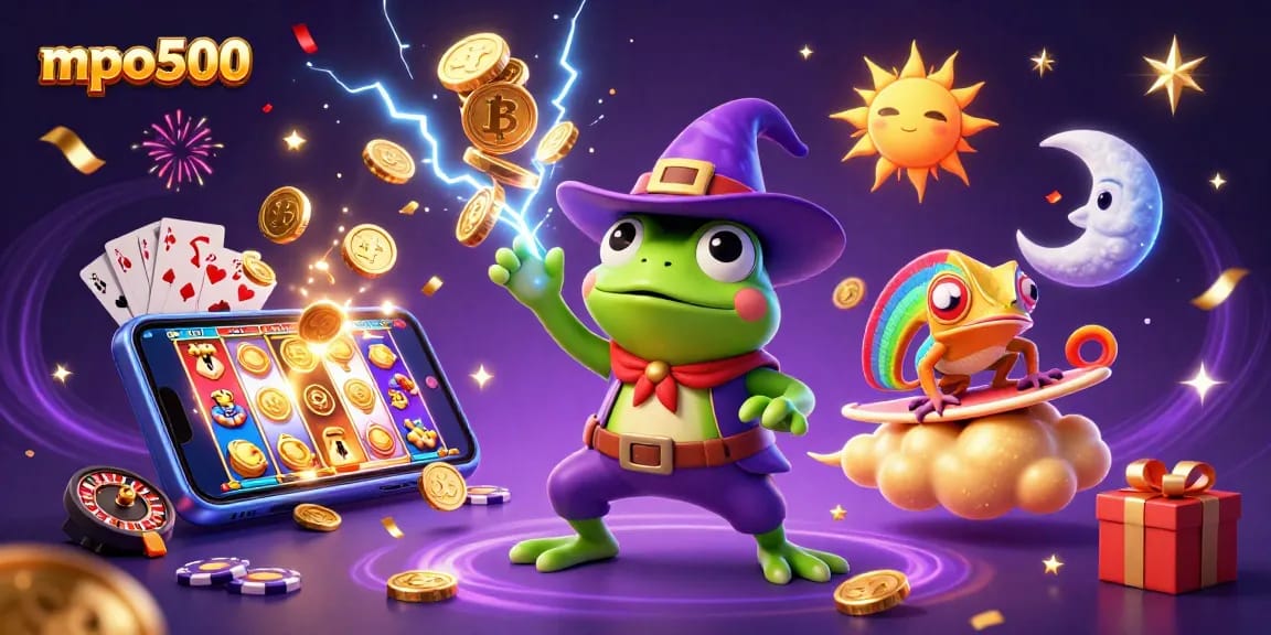 Win big with mpo500 as the weather wizard frog conjures golden coins and exciting slot games!