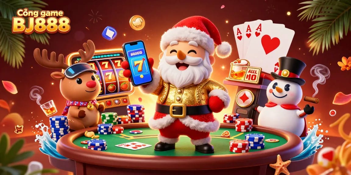 Engage with the Cổng game BJ888 excitement featuring Santa, a reindeer dealer, and a poker chip snowman.