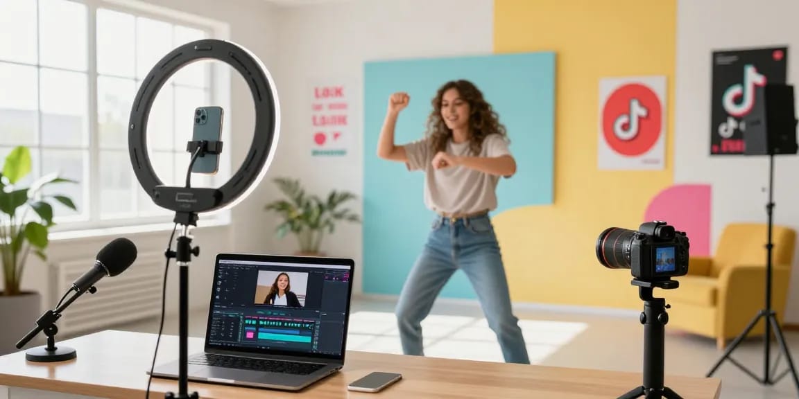 Dynamic scene of content creator filming a TikTok dance video to increase TikTok views