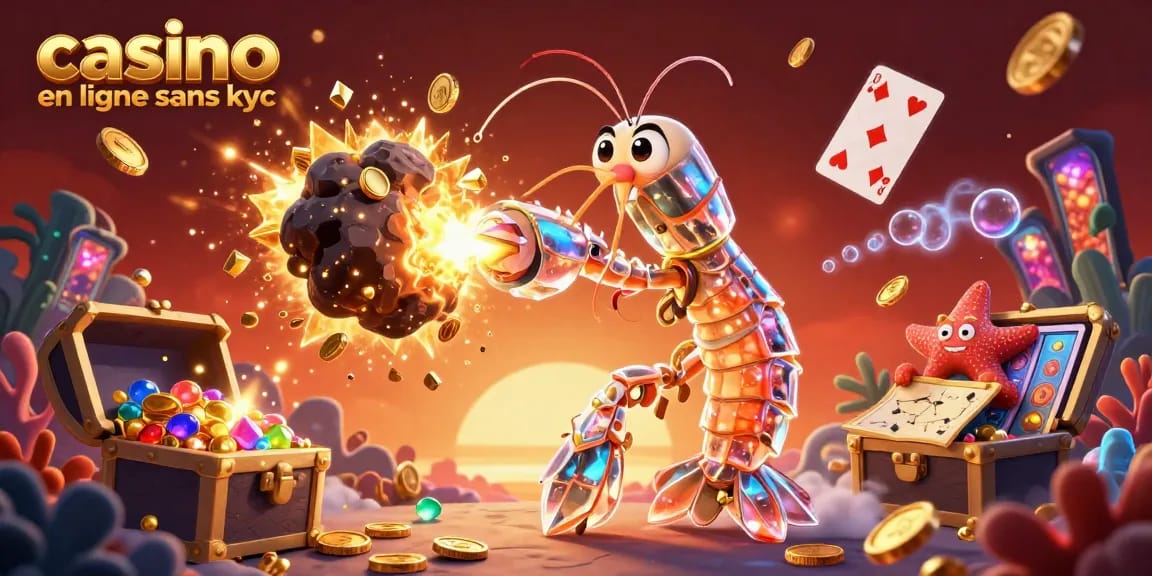 Plongée ludique au sein du casino en ligne sans KYC, avec des personnages vibrants parmi les trésors et éléments de jeu.