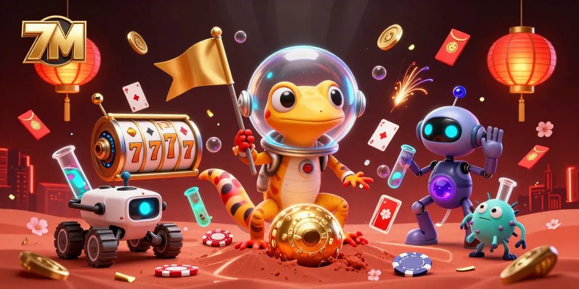 Engage in winning strategies with 7M Casino’s vibrant Martian-themed gaming illustration.