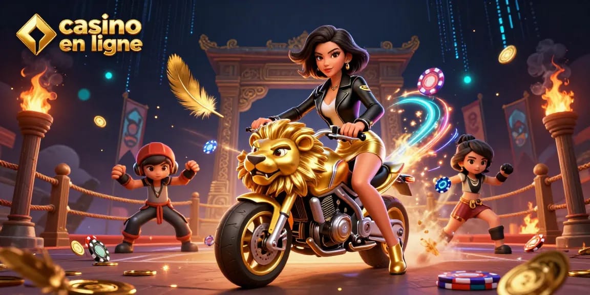 Experience an action-packed scene showcasing casino en ligne thrills with a glamorous character riding a golden lion mascot.