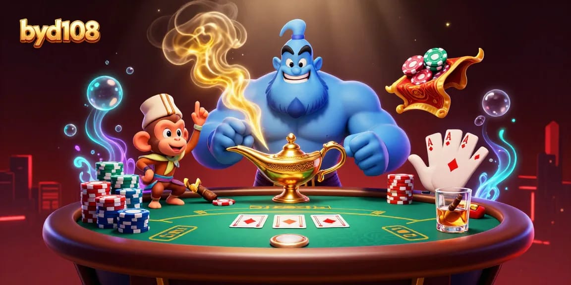 byd108 menghadirkan ilustrasi kasino dengan karakter genie dan ikan poker yang mengasyikkan.