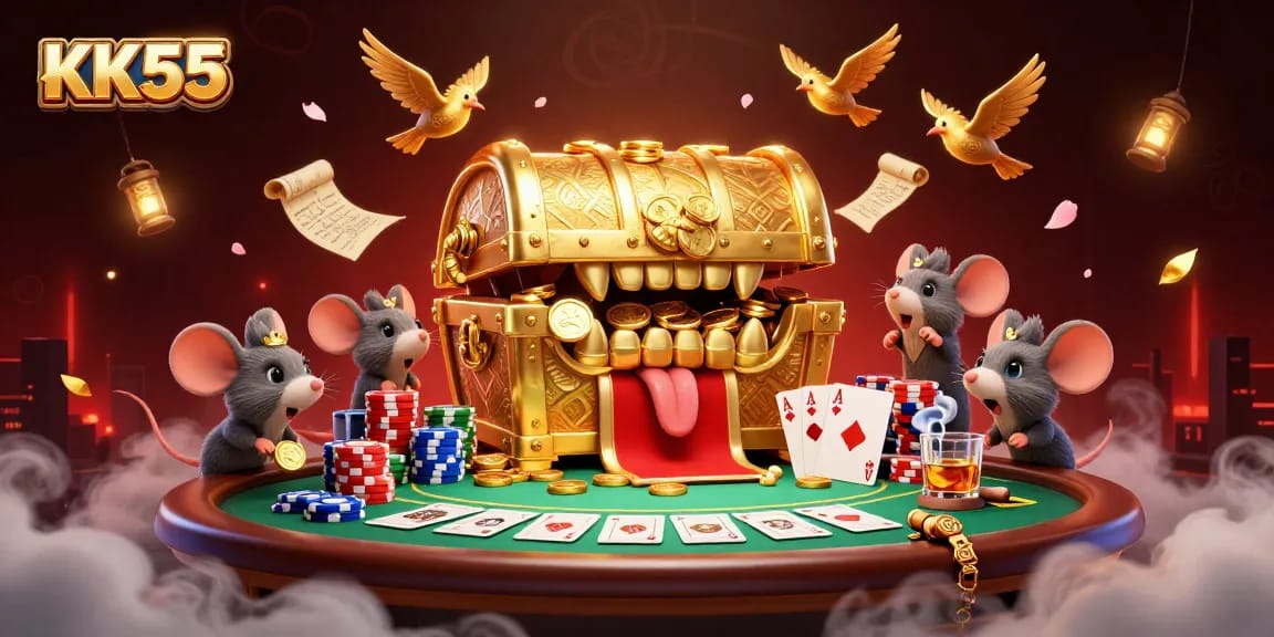 Engage with KK55's vibrant casino experience featuring immersive poker elements and whimsical characters.