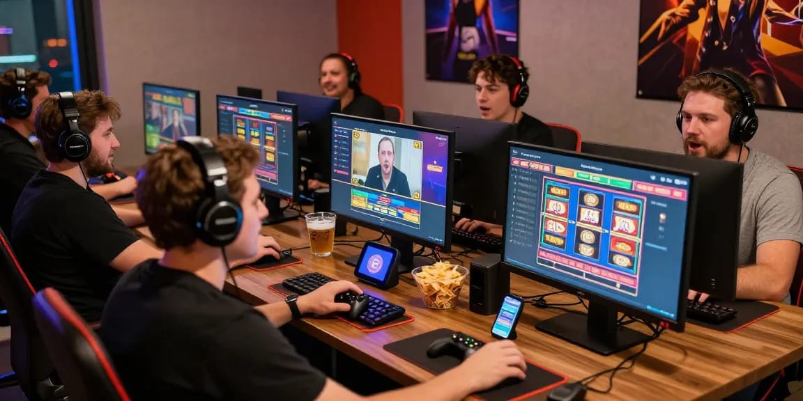 Excited players engaging with Daftar Dominobet online gaming platform, showcasing vibrant casino atmosphere.
