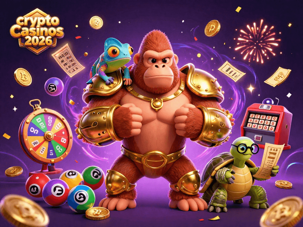 Les crypto casinos 2026 offrent une expérience unique avec un roi gorille, un caméléon et une tortue, au milieu des pièces de Bitcoin.