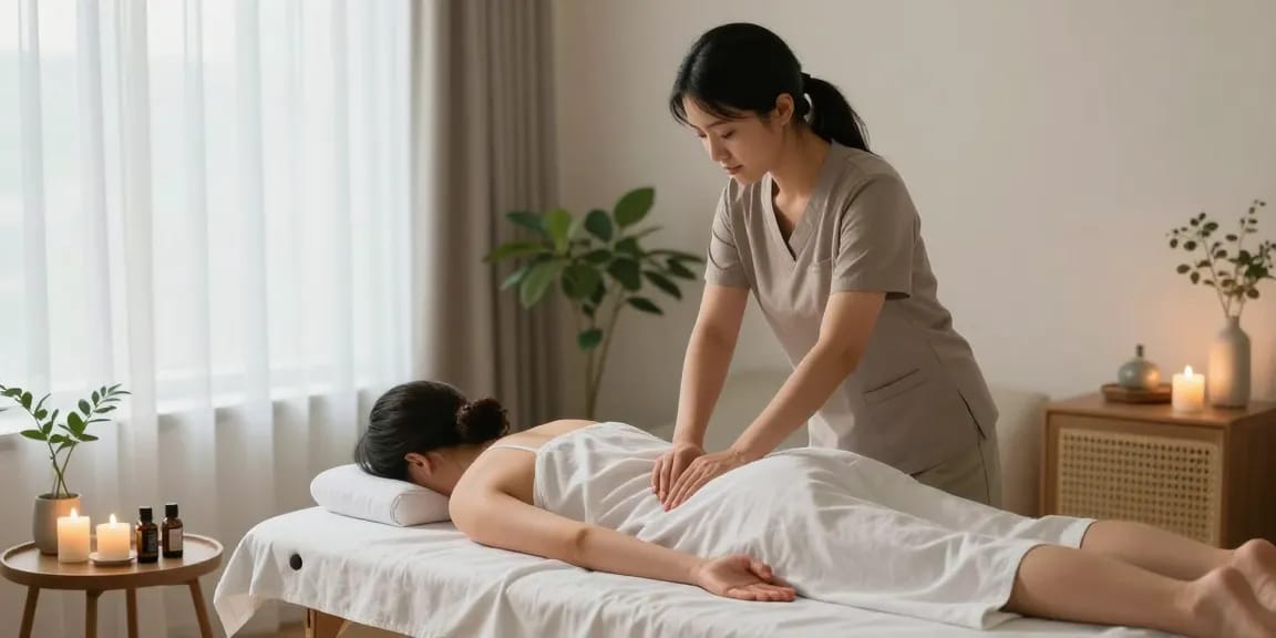 출장안마를 받고 있는 고객과 마사지사, 아늑한 거실에서 편안한 분위기 제공